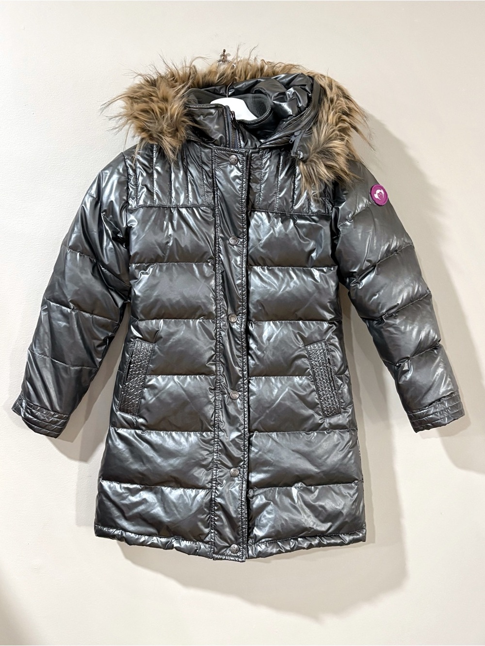 Appaman Sparkle Metallic Gray Puffer Coat Faux Fur Hood Girls 10 Glam Chic